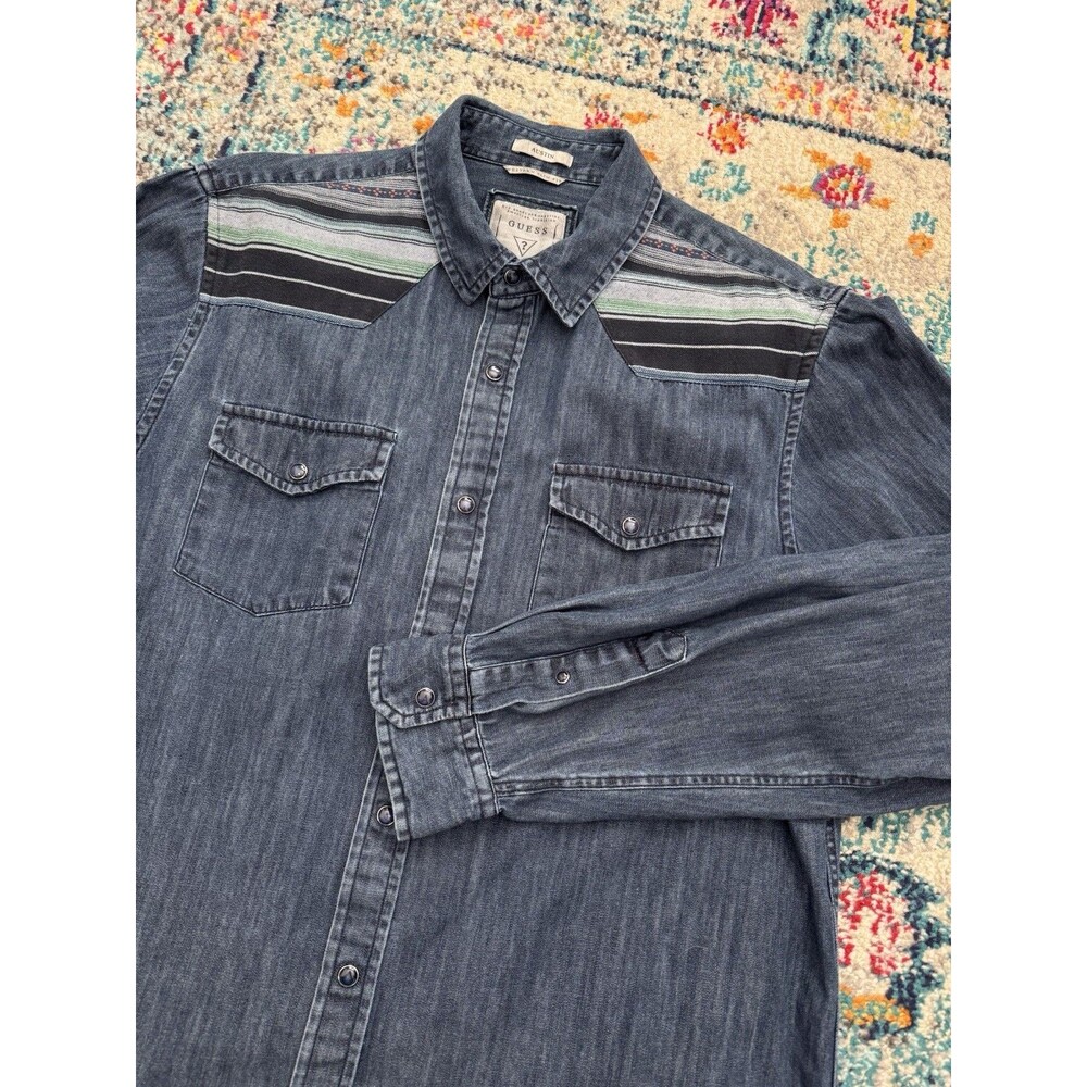 Guess Austin Western Slim Fit Chambray Blue Denim Retro Shirt Pearl Snap Size L